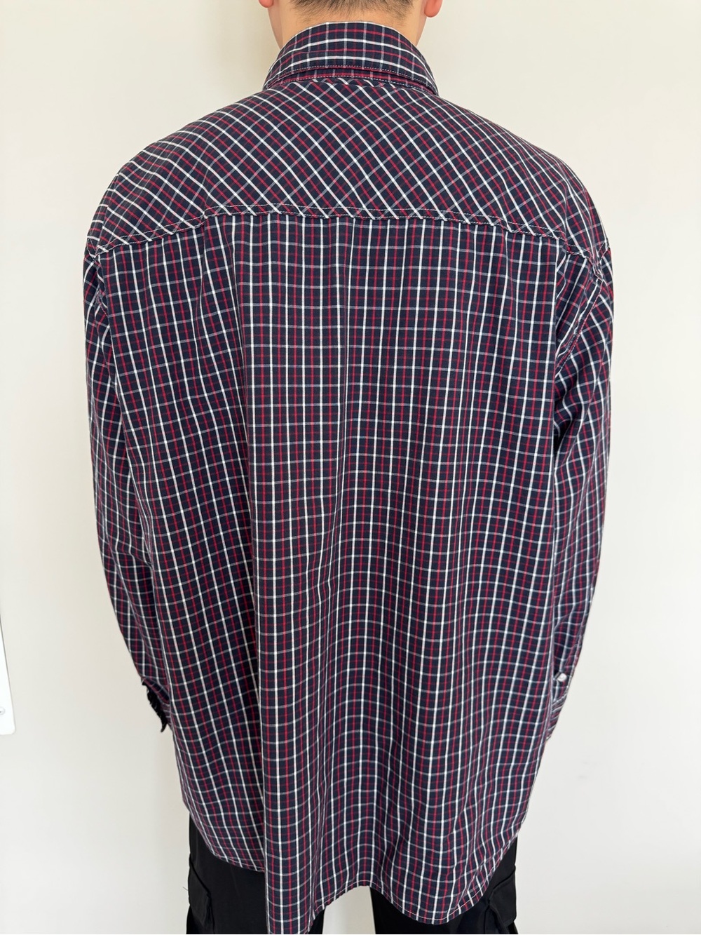 Men's Plaid Button-Down Shirt in Burgundy and Navy